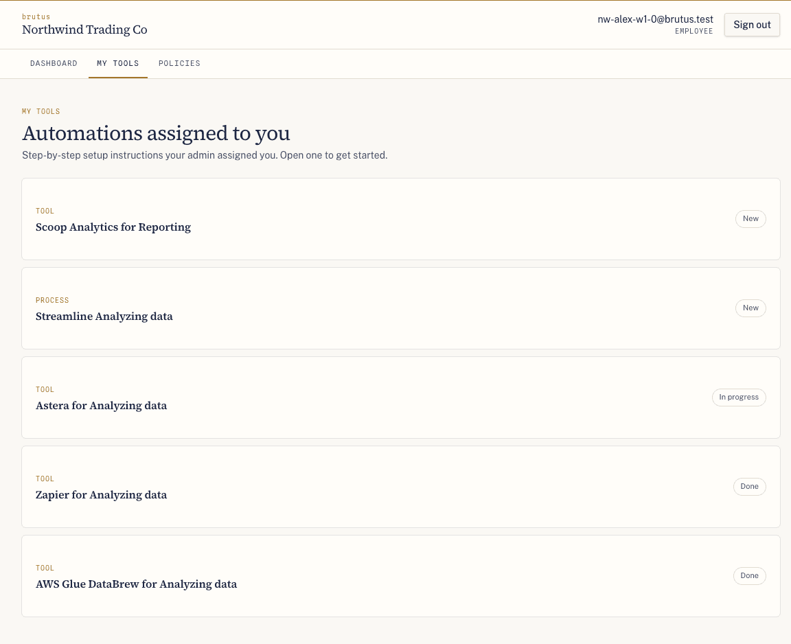 An employee's My Tools page: the automations assigned to them, each labeled tool or process, with New / In progress / Done status badges.