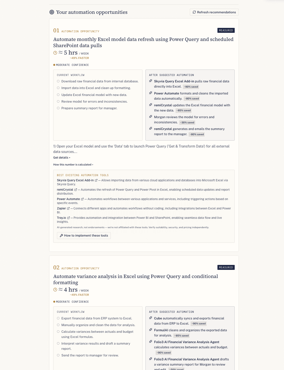 An individual's check-in report: AI-readiness and efficiency reads, percentile rank, an evidence-backed narrative, and a verbatim quote.